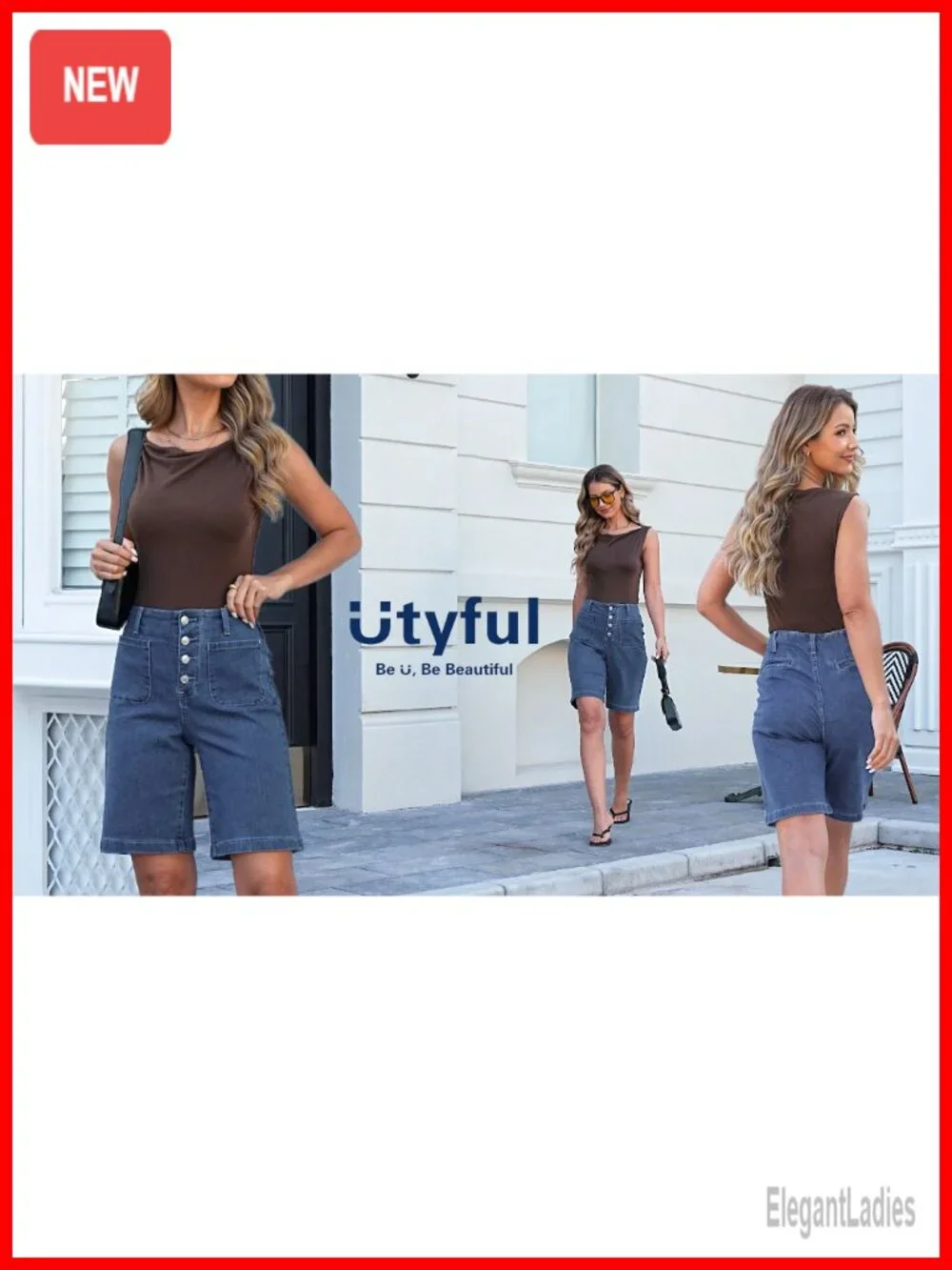 High Waisted Bermuda Jean Shorts Stretchy Denim Button Fly Patch Pocket Summer